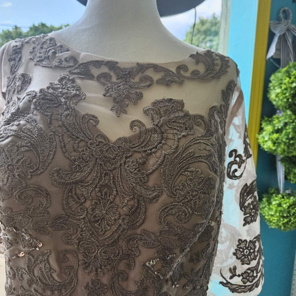Embellished Taupe Long Sleeve Evening Gown - Picture 3 of 8